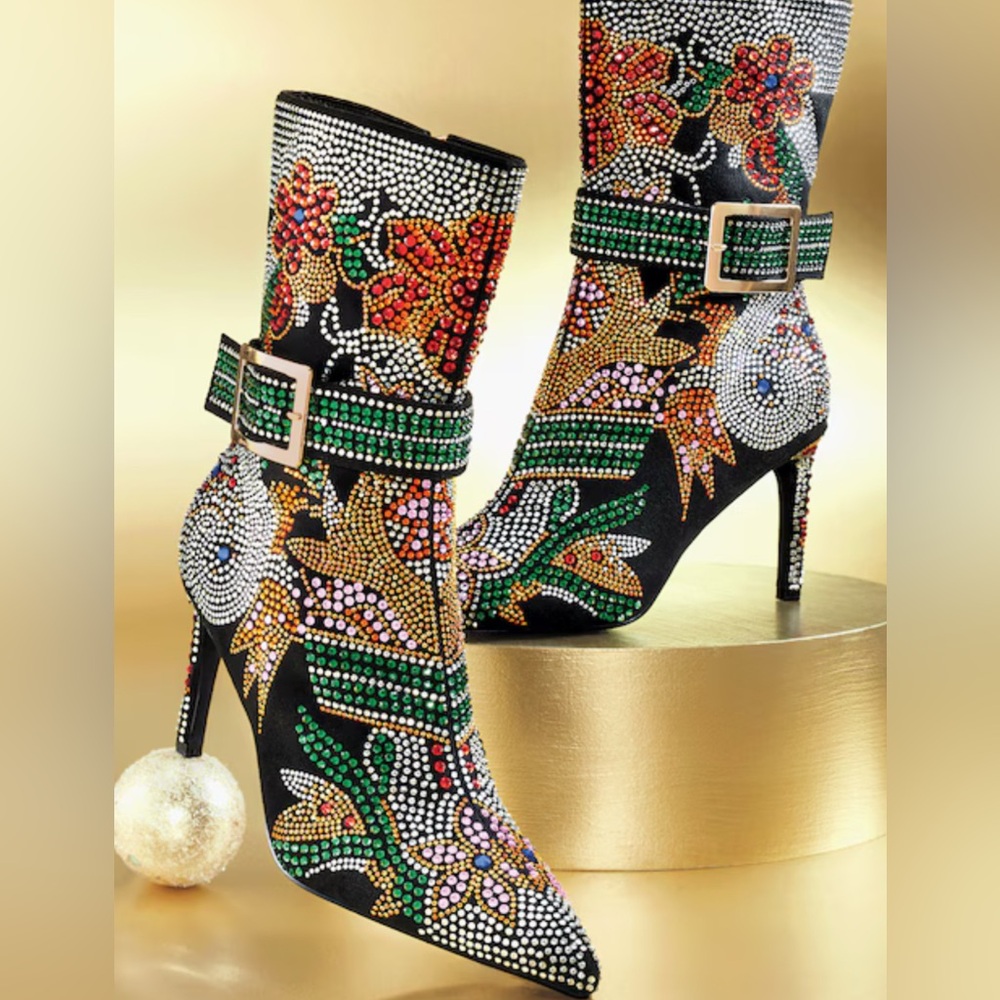 Embellished Black and Multicolor Rhinestones Women's Boots